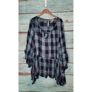 One World Tunic Top Plus Size 3X Blue Aqua Tie Dye Plaid Shirt Long Slv Blouse